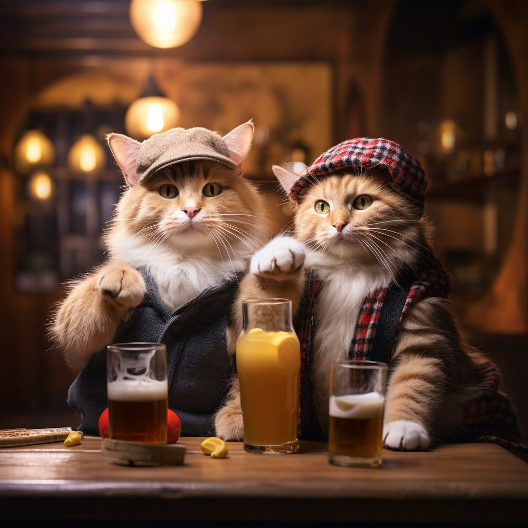 Funny Drunk Cats, Cat Wall Art Poster, Cat Drinking Beer, Grumpy Cat in