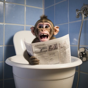 Monkey Wall Art Poster, Funny Monkey Sitting on a Toilet in Bathroom Print, Bathroom Poster Art, Monkey Printable, Whimsy Animal Art, Kids
