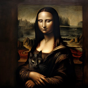 Leonardo Da Vinci&#39;s Mona Lisa Cat Print, Mona Lisa Cat Poster, Black Cat Art, Funny Cat print, Funny gift, Home decor, Animal Lover Painting
