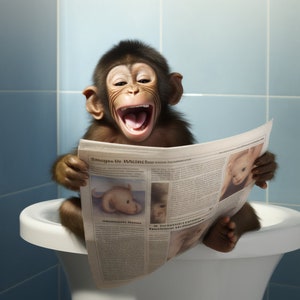 Monkey Wall Art Poster, Funny Monkey Sitting on a Toilet in Bathroom Print, Bathroom Poster Art, Monkey Printable, Whimsy Animal Art, Kids