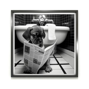 Poster da parete con cane, stampa di un cane divertente seduto sul water in bagno, poster da bagno con cane, stampa di un cucciolo, arte con animali stravaganti, arte per bambini
