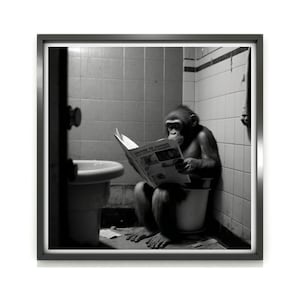 Monkey Wall Art Poster, Funny Monkey Sitting on a Toilet in Bathroom Print, Bathroom Poster Art, Monkey Printable, Whimsy Animal Art, Kids