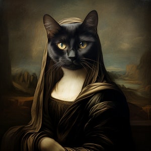 Leonardo Da Vinci&#39;s Mona Lisa Cat Print, Mona Lisa Cat Poster, Black Cat Art, Funny Cat print, Funny gift, Home decor, Animal Lover Painting