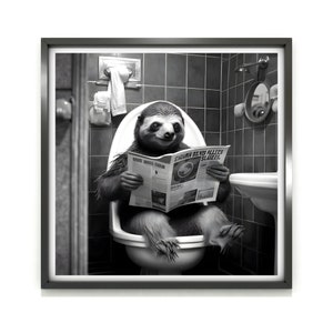 Sloth Wall Art Poster, Funny Sloth Sitting on a Toilet in the Bathroom Print, Bathroom Poster Art, Sloth Printable, Whimsy Animal Art, Kids