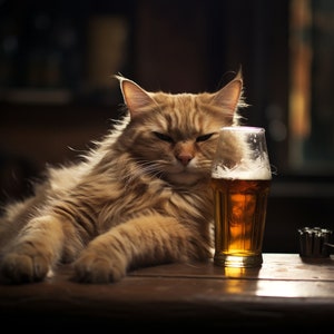 Funny Drunk Cat, Cat Wall Art Poster, Cat Drinking Beer, Grumpy Cat in a Bar, Cat Wall Art, Cat Lover, Whimsy Animal Art Download Printable