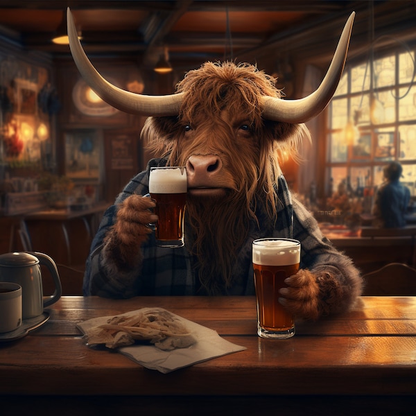 Scottish Highland Cow In A Bar Drinking Beer, Animal in a Bar, Bull Print, Farm Animal On Toilet, Funny Drunk Scottish Highland Cow