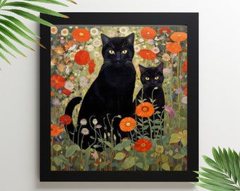 Gustav Klimt Garden Cat Print, Klimt Flowers Cat Poster, Black Cat Wall Poster Painting Floral Digital Download Cat Lover Whimsy Animal Art