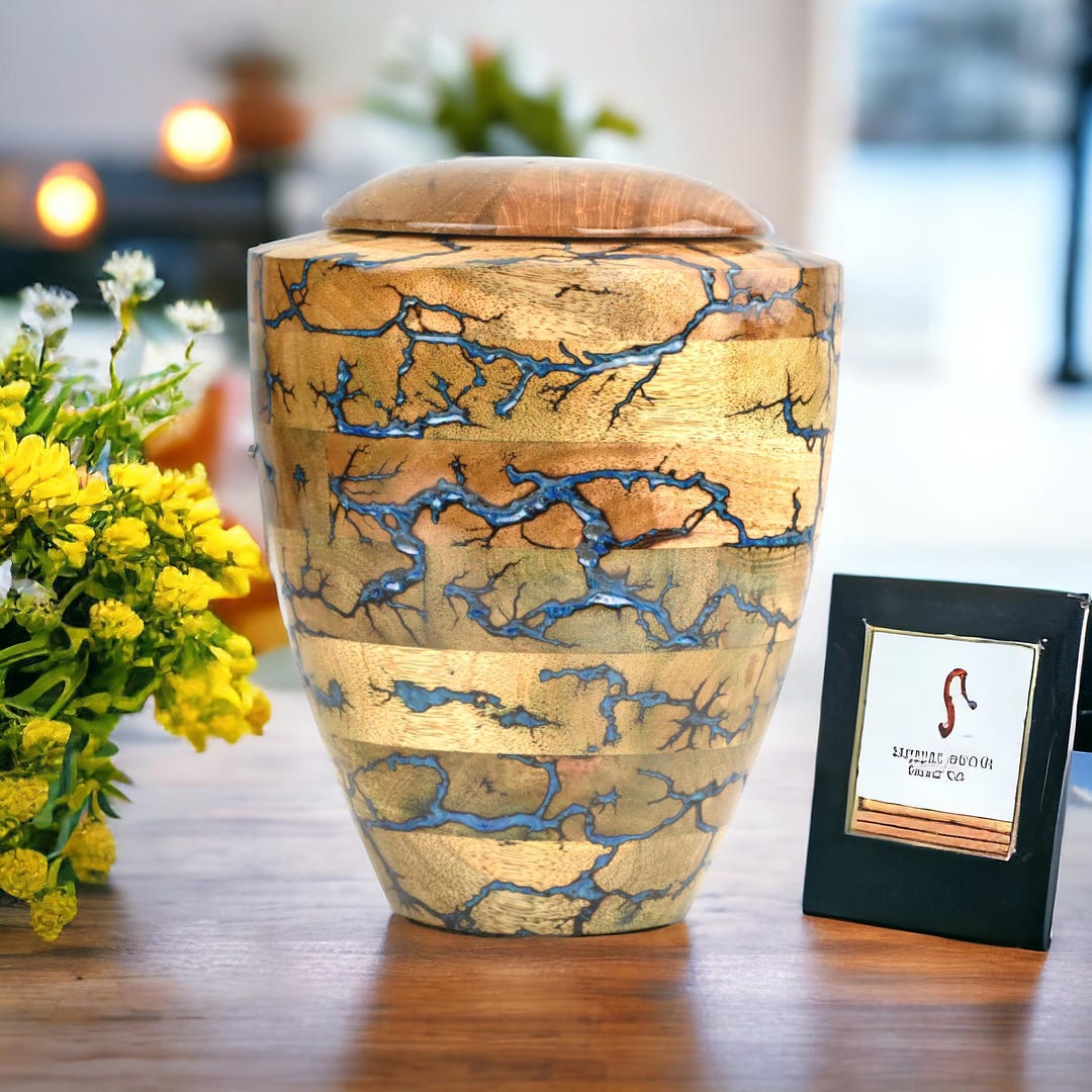 Lumberkart Handmade Wood Fractal Burn Keepsake Urn - Medium 120 Cubic Inch, Golden Finish, With Secure Lid