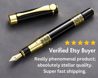 Vandro Luxury Fountain Pen Set - Vintage Black Pen With Smooth Fine Nib - Includes Gift Box, Ink Bottle, Ink Converter & 10 Ink Cartridges