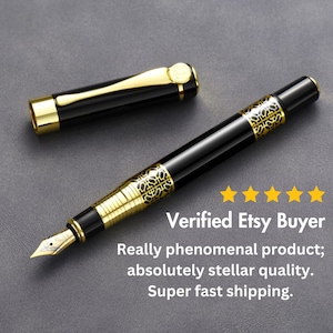 Vandro Luxury Fountain Pen Set - Vintage Black Pen With Smooth Fine Nib - Includes Gift Box, Ink Bottle, Ink Converter & 10 Ink Cartridges