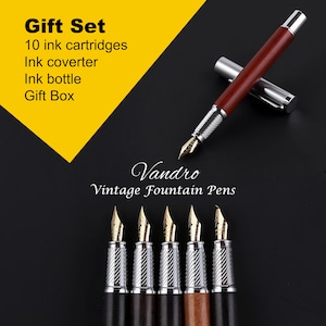 Vandro Vintage Wood Fountain Pen Set - Smooth Writing and Scented - Includes Gift Box, Ink Bottle, Ink Converter & 10 Ink Cartridges