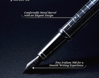 Vandro Luxury Fountain Pen Set - Smooth Writing Black Pen - Includes Gift Box, Ink Converter & 10 Ink Cartridges Black n Blue