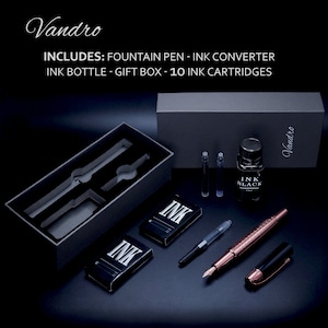 Vandro Luxury Fountain Pen Set - Smooth Writing Rose Gold Pen For Women - Includes Gift Box, Ink Bottle, Ink Converter & 10 Ink Cartridges