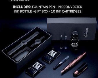 Vandro Luxury Fountain Pen Set - Smooth Writing Rose Gold Pen For Women - Includes Gift Box, Ink Bottle, Ink Converter & 10 Ink Cartridges