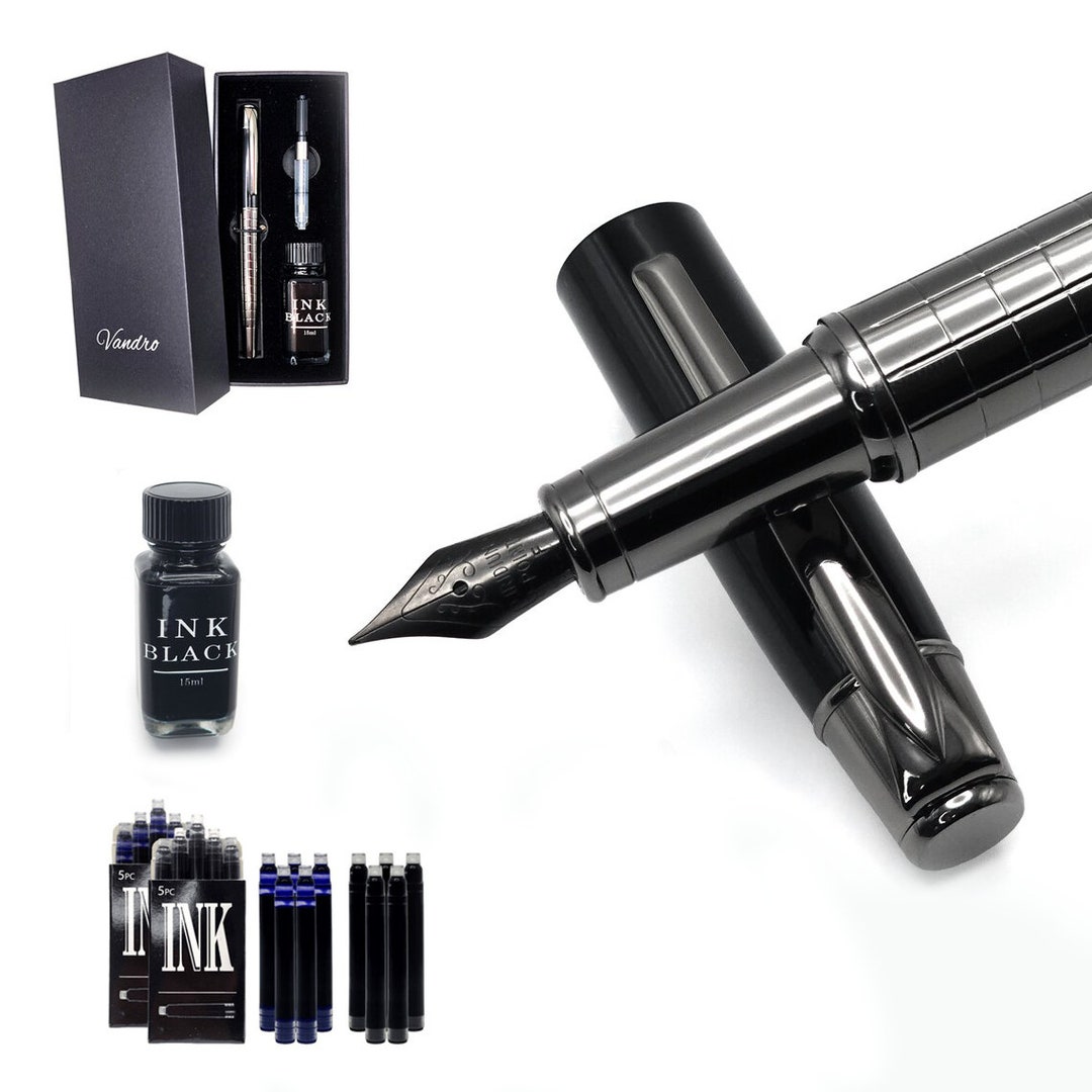 Vandro Luxury Black Fountain Pen Ink Set With Fine Nib Includes Gift