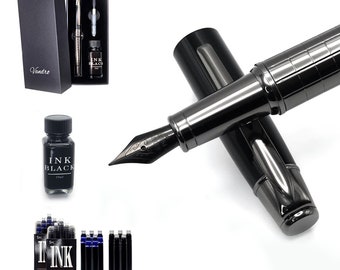 Vandro Luxury Black Fountain Pen Ink Set with Fine Nib - Includes Gift Box, 10 Ink Cartridges, Ink Bottle, Ink Converter - Corporate Gifts