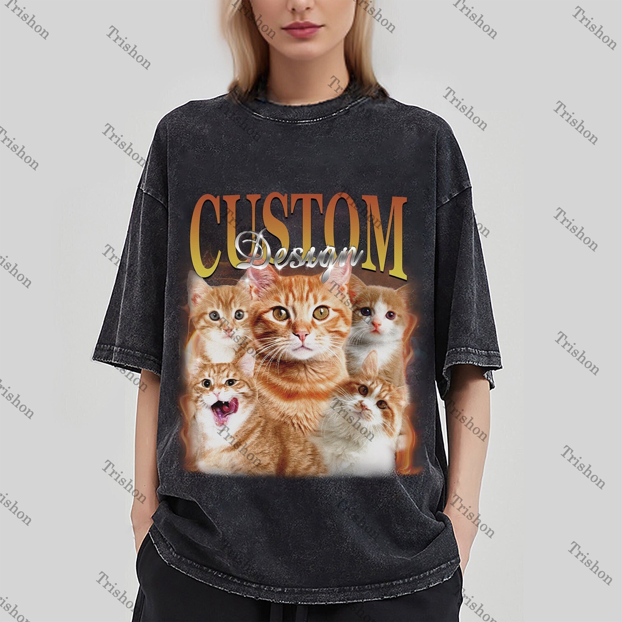 Custom Pet Vintage Washed T-shirt, Cat Graphic Unisex T-shirt, Pet Shirt