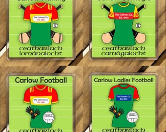 County Carlow IRL Coasters. Hurling, Camogie, Gaelic Football, & Ladies Gaelic Football. Gaelic Games, drinks coasters.