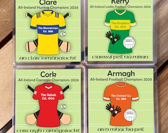 IRL 2024 All-Ireland Championships Winners Set of 4 Coasters. Hurling, Camogie, Gaelic Football, & Ladies Gaelic Football. - Adult Sizes