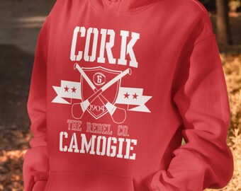 Cork Camogie Shield with Crossed Hurls Hoodie - IRL - Gaelic Games - Adult Sizes