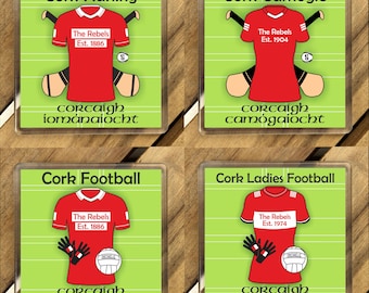 County Cork IRL Coasters. Hurling, Camogie, Gaelic Football, & Ladies Gaelic Football. Gaelic Games, drinks coasters.