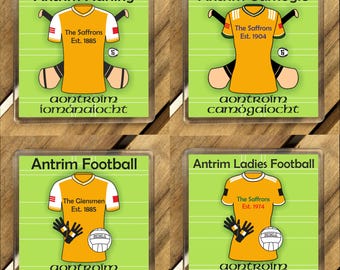 County Antrim IRL Coasters. Hurling, Camogie, Gaelic Football, & Ladies Gaelic Football. Gaelic Games, drinks coasters.