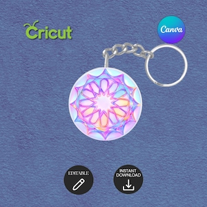 Peut inclure: Un porte-clés rond avec un motif géométrique coloré. Le porte-clés a une chaîne et un anneau argentés. L'image comprend également le texte "Cricut", "Canva", "Editable" et "Instant Download". Le fond est bleu texturé.