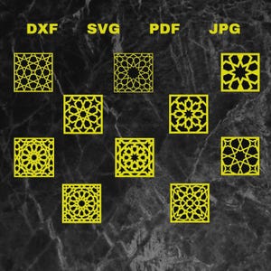 May include: Nine yellow geometric pattern designs in square shapes, labeled with file types: DXF, SVG, PDF, and JPG. The designs are displayed against a dark, marbled background.