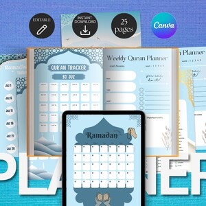 Digital Ramadan veckoplanerare PLR & MRR utskrivbar Koran-trackerjournal, surah-diagram för bön, estetiskt muslimsk Koran-kalkylblad