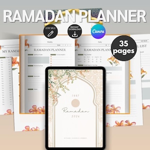 Peut inclure: Un planificateur numérique du Ramadan avec un design floral, avec le texte "Ramadan Planner" et "35 pages". Le planificateur comprend des sections pour la planification quotidienne et hebdomadaire, avec des options modifiables et de téléchargement instantané.