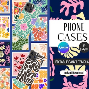 Peut inclure: Plusieurs coques de téléphone avec des motifs floraux et abstraits. Les coques présentent différentes couleurs, notamment rose, bleu, jaune et blanc. L'image comprend également le texte "PHONE CASES" et "Editable Canva Template".
