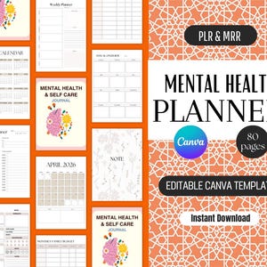 May include: A digital mental health planner with a floral brain design. The planner includes a 2026 calendar, weekly and daily planners, and a monthly family budget. The cover reads "Mental Health & Self Care Journal". The planner is an editable Canva template with 80 pages.