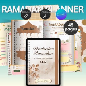 May include: A collection of Ramadan planners and journals. The image features a tablet displaying a planner with the text "Productive Ramadan Planner and Journal 1447". Other planners are visible, with the text "Ramadan" and "45 pages".
