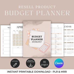 Peut inclure: Un planificateur budgétaire aux couleurs douces, avec une couverture portant le texte "BUDGET PLANNER 2026&2027" et une illustration de calculatrice rose. Le planificateur comprend des pages de calendrier, des mises en page hebdomadaires et mensuelles, et des feuilles de suivi financier. Le texte "INSTANT PRINTABLE DOWNLOAD - PLR & MRR" est également inclus.