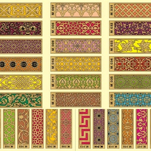 Peut inclure: Une collection de panneaux rectangulaires en bois avec divers motifs décoratifs. Les panneaux présentent des motifs complexes dans des tons or, marron, rouge, vert et violet. Chaque panneau est numéroté, présentant une gamme de styles ornementaux.