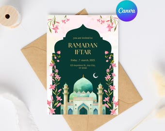 May include: An invitation card for Ramadan Iftar, featuring a mosque illustration with a green dome and minarets. The card has text that reads "you are invited to Ramadan Iftar" and the date, March 7, 2025. Pink floral accents frame the design.