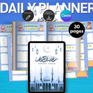 May include: A digital Ramadan planner with a blue and orange color scheme. The planner includes daily checklists and a cover design with Arabic calligraphy and a mosque illustration. The words "DAILY PLANNER" and "RAMADAN PLANNER" are visible.