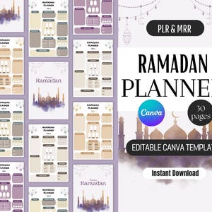 Könnte beinhalten: Eine Sammlung von Ramadan-Planern mit einer Moscheen-Silhouette in Lila-, Beige- und Goldtönen. Der Text "Ramadan Planner" ist auf den Umschlägen zu sehen. Das Bild enthält auch den Text "Editable Canva Template" und "Instant Download".