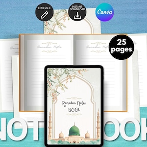 Peut inclure: Un cahier numérique avec le texte "Ramadan Notes Book" sur la couverture, avec une illustration de mosquée. Le cahier contient 25 pages et est orné de motifs floraux. Le mot "NOTEBOOK" est affiché en bas.