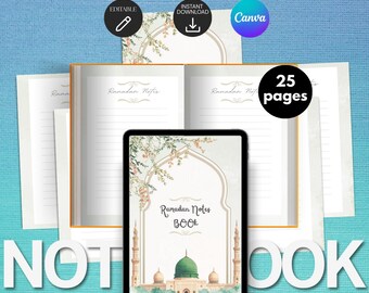 2026 Digital Ramadan notebook journal PLR & MRR, editable Canva dua planner, Muslim Floral PDF Notes, reflection iftar template