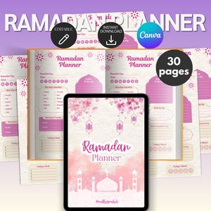 May include: A Ramadan Planner with a pink and white design. The planner includes a cover design with a mosque illustration and the text "Ramadan Planner". The image also shows a tablet displaying the planner and several printed pages.