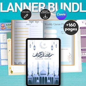 Peut inclure: Un ensemble de planificateurs numériques avec le texte "PLANNER BUNDLE" en haut. L'image comprend une tablette affichant "Ramadan Kareem" en arabe et plusieurs pages de planificateur avec des listes de tâches et des trackers. Le lot comprend plus de 160 pages.