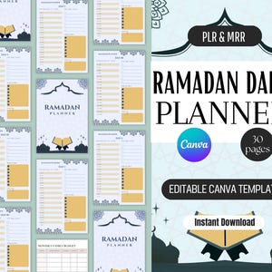 Puede incluir: Una colección de plantillas de planificador diario de Ramadán. El diseño presenta una combinación de colores azul claro y dorado con motivos de inspiración islámica. El planificador incluye horarios diarios, secciones de notas y un presupuesto familiar mensual. El texto incluye "Ramadan Daily Planner".