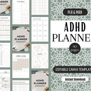 Peut inclure: Un modèle de planificateur TDAH de 90 pages, comprenant un calendrier 2026, des planificateurs hebdomadaires et quotidiens, et un budget familial mensuel. La conception utilise une palette de couleurs neutres avec le texte "ADHD PLANNER 2026 & 2027".