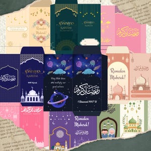 Könnte beinhalten: Eine Sammlung von Ramadan Mubarak Grußkartenumschlägen in verschiedenen Farben. Designs umfassen Moscheen, Blumenarrangements und himmlische Themen. Der Text enthält "Ramadan Kareem" und "Ramadan Mubarak!"