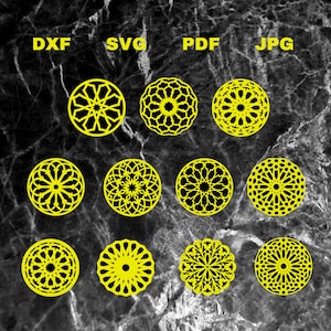 May include: A collection of yellow circular geometric designs in various patterns, displayed on a dark, marbled surface. The image includes the file type labels: DXF, SVG, PDF, and JPG. The designs are intricate and symmetrical, suitable for crafting or design projects.