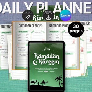 Peut inclure: Un planificateur numérique du Ramadan avec un design vert et blanc. Le planificateur comprend une liste de contrôle des prières, des objectifs quotidiens et des invites de gratitude. La couverture du planificateur présente le texte "Ramadan Kareem". Le planificateur a 30 pages.