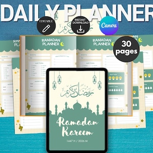 Puede incluir: Un planificador digital del Ramadán en tonos turquesa y crema. El planificador incluye una tableta que muestra "Ramadan Kareem" y una silueta de mezquita. También se ven las palabras "Daily Planner", "Instant Download" y "30 pages".