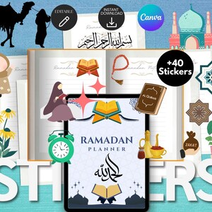 May include: A digital Ramadan planner with illustrations of a camel, mosque, and Quran. The planner includes stickers and the text "Ramadan Planner" and "Al Quran". The image has a blue and white background.