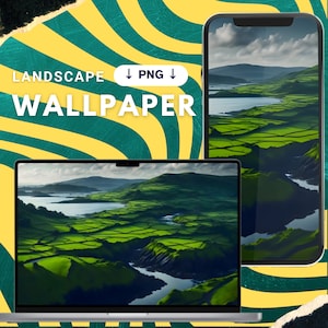 Peut inclure: Un fond d'écran numérique de paysage affiché sur un ordinateur portable et un smartphone. Le fond d'écran présente un motif de champ vert vif avec un plan d'eau et des montagnes en arrière-plan. Le texte "LANDSCAPE WALLPAPER PNG" est en haut.